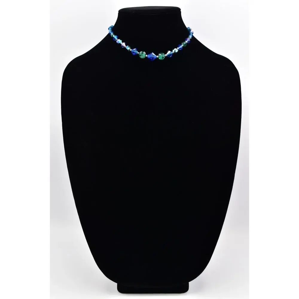 Vintage Blue Green Crystal Choker Necklace Sparkling Beaded Chunky 1960s BinBM
